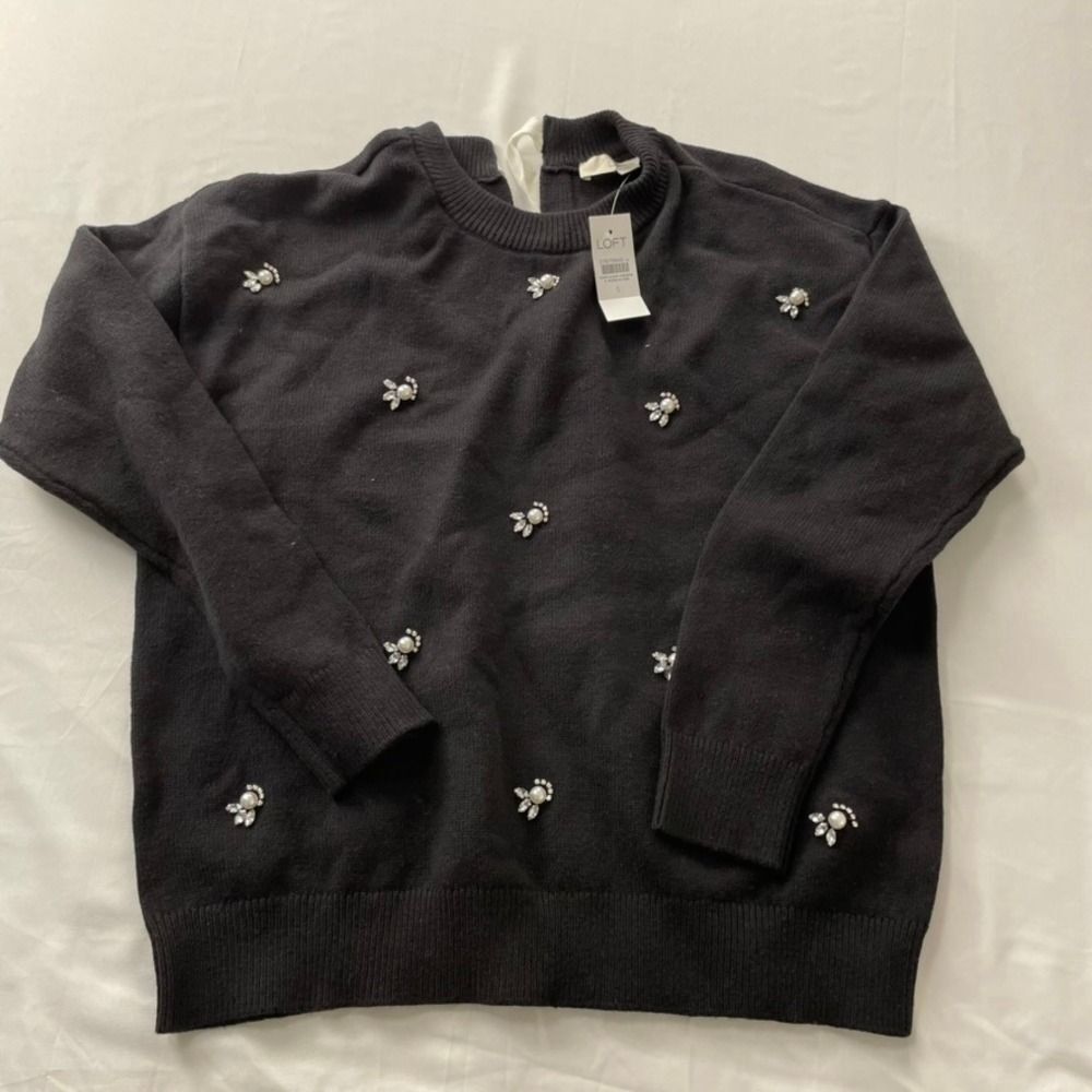 LOFT Women Black Embellished Pearl Rhinestone Tie Back Sweater Size S 37679941